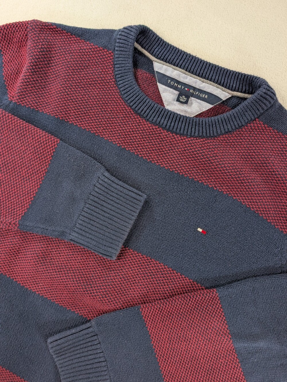 Tommy Hilfiger Navy Maroon Striped Crewneck Sweater Mens XL Classic Preppy Knit
